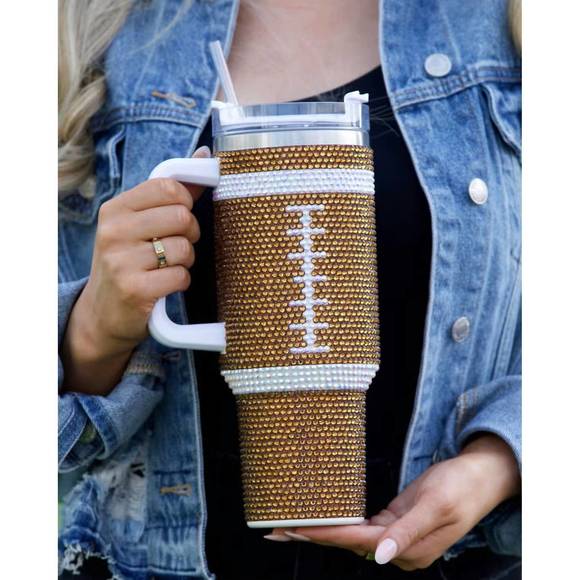 NEW WHITE LABEL bling football tumbler in brown - Picture 4 of 4